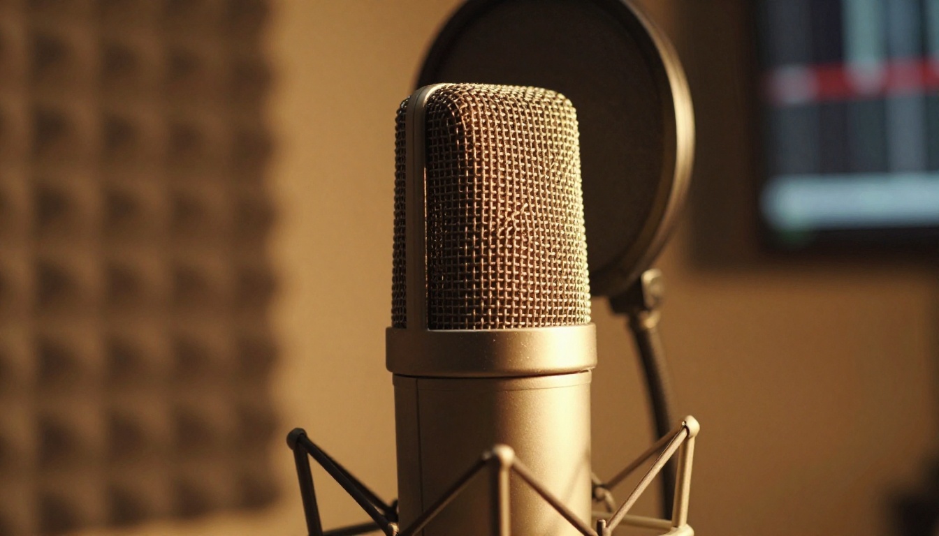 Large-diaphragm studio condenser microphone with pop filter in warm light