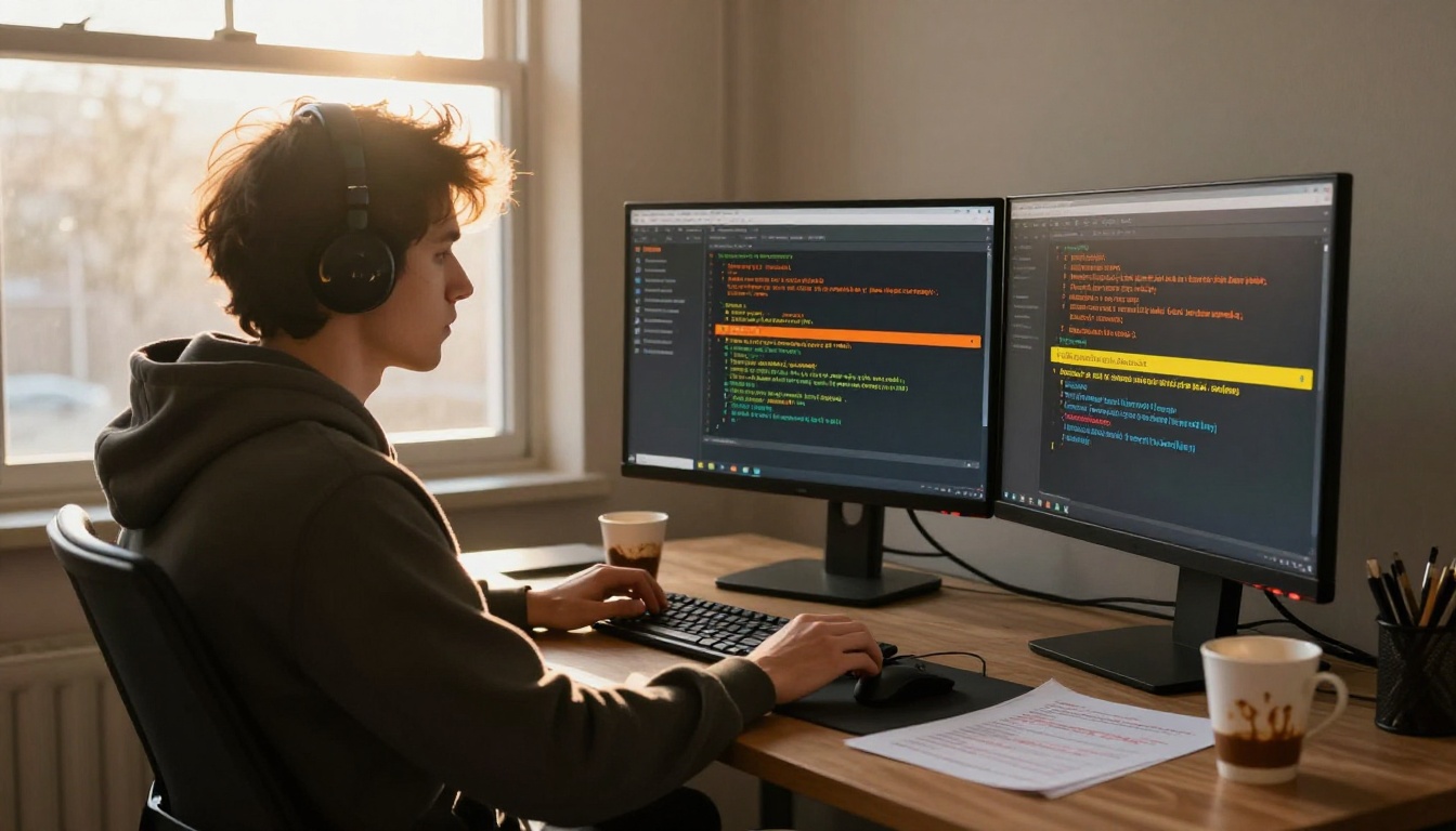 Developer surrounded by empty coffee cups and printed code scrolling through outdated documentation