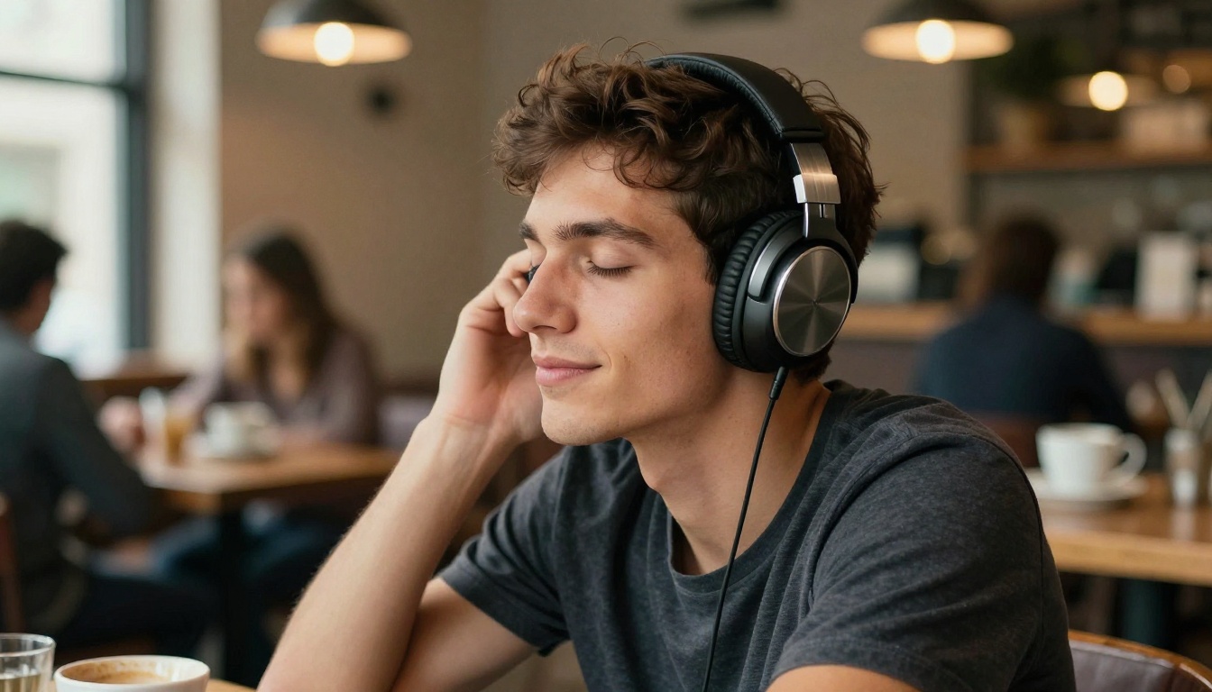 Young man listening to audio on premium headphones at a café table