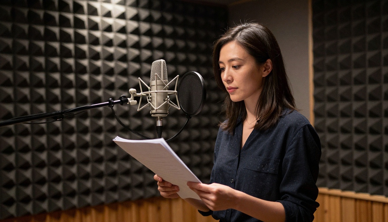 Professional female voice actress in an acoustically treated sound booth