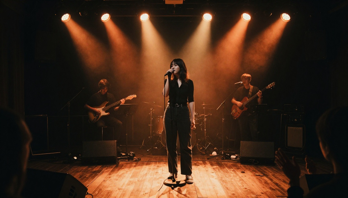 Female vocalist performing live on an intimate stage with amber spotlights