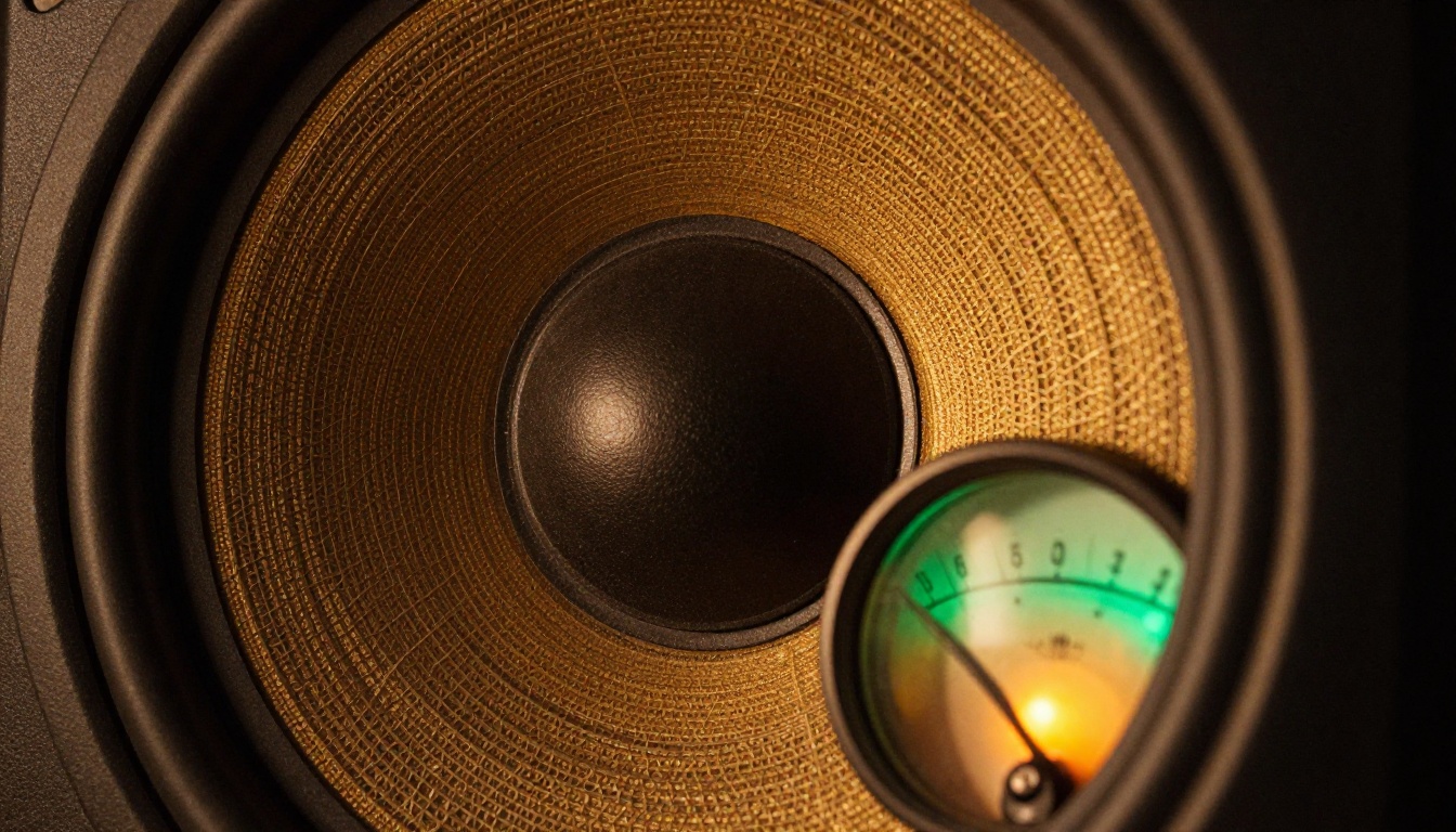 Close-up of a studio monitor speaker grille with VU meters glowing amber