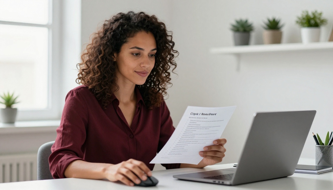Female developer holding a code review checklist with calm, professional expression at her desk