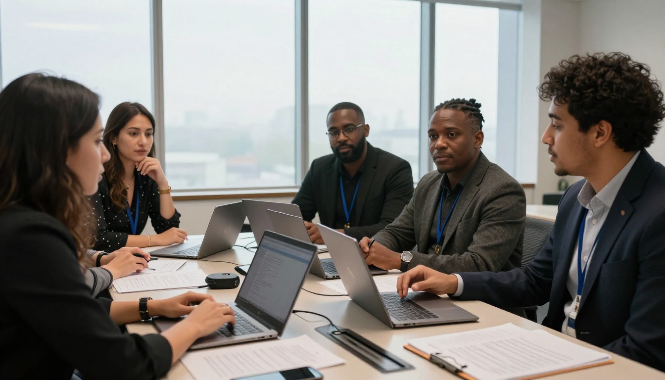 Diverse group of professionals in a multilingual meeting with audio equipment