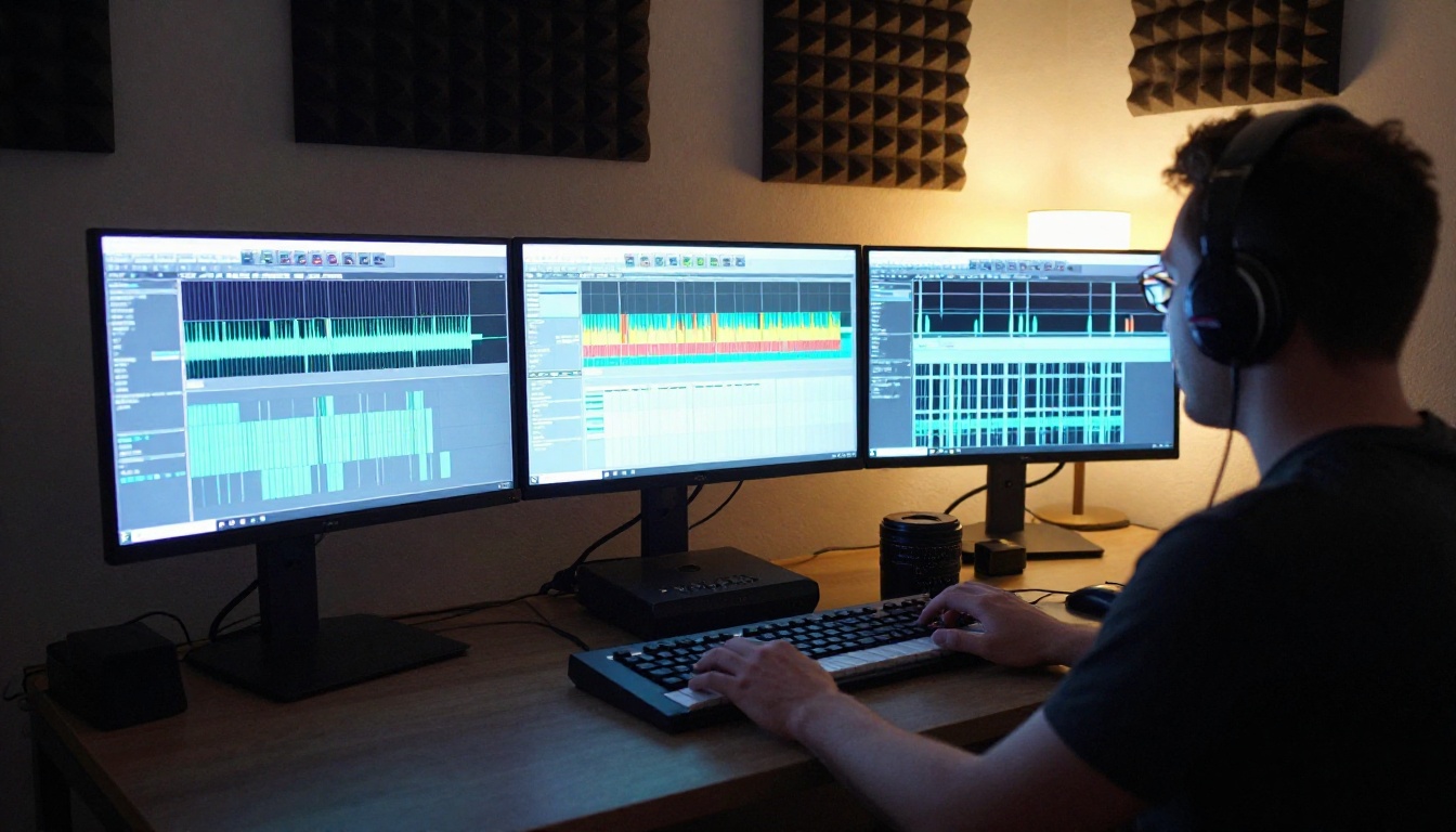 Music producer at a digital audio workstation with three large screens