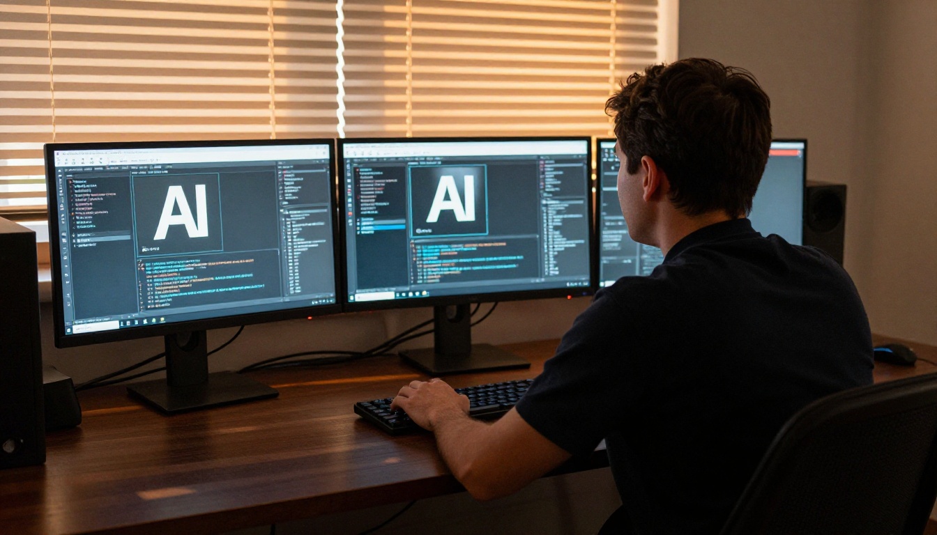 Developer studying two different AI coding tool interfaces side by side on dual monitors