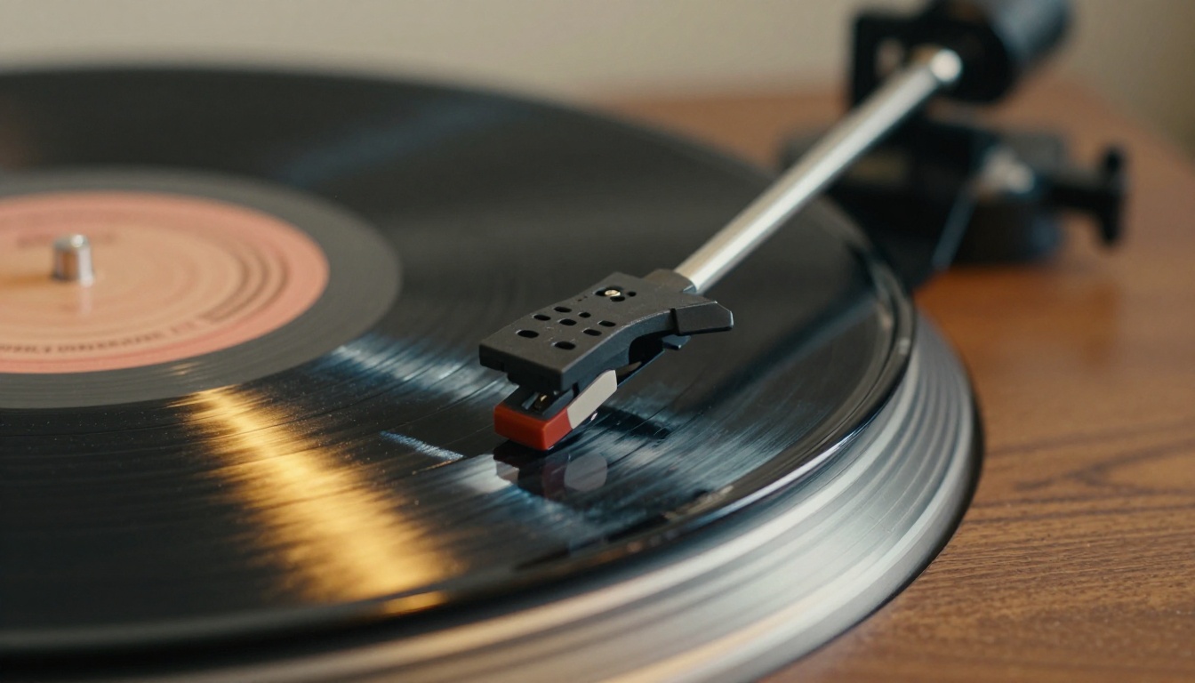Vinyl record spinning on a classic turntable with diamond stylus visible