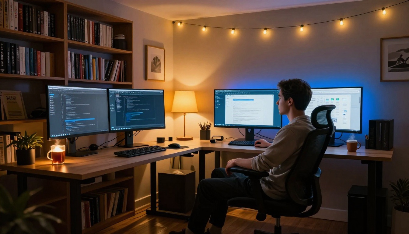 Developer working at a cozy, warm home office at night with multiple screens glowing