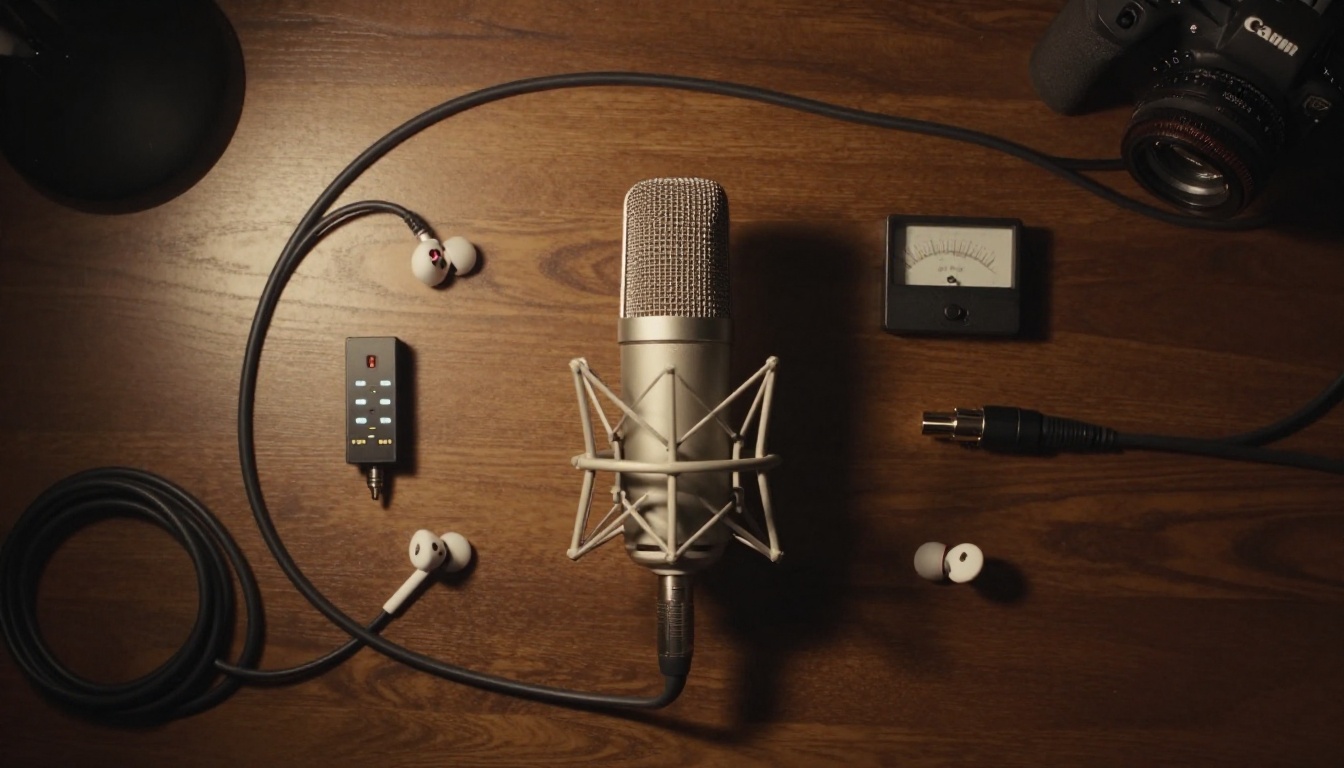 Aerial flat-lay of a professional condenser microphone surrounded by studio equipment
