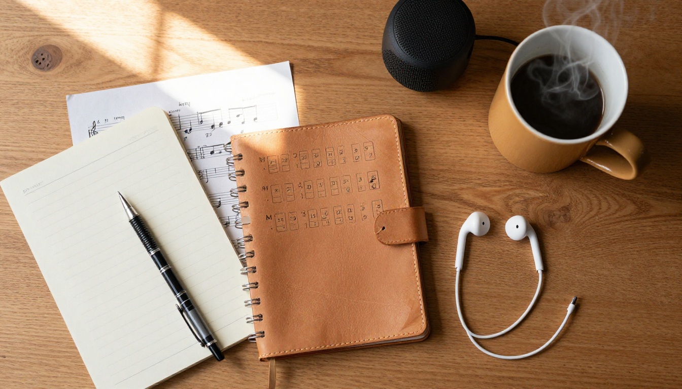Aerial flat-lay of a music desk with notebook, earbuds, and sheet music