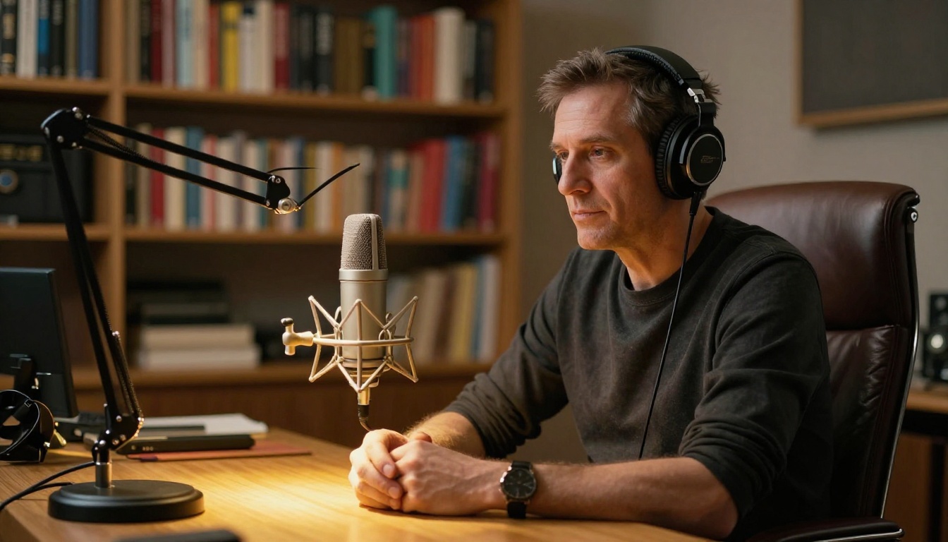 Male narrator in a home studio with warm bookshelves and studio microphone