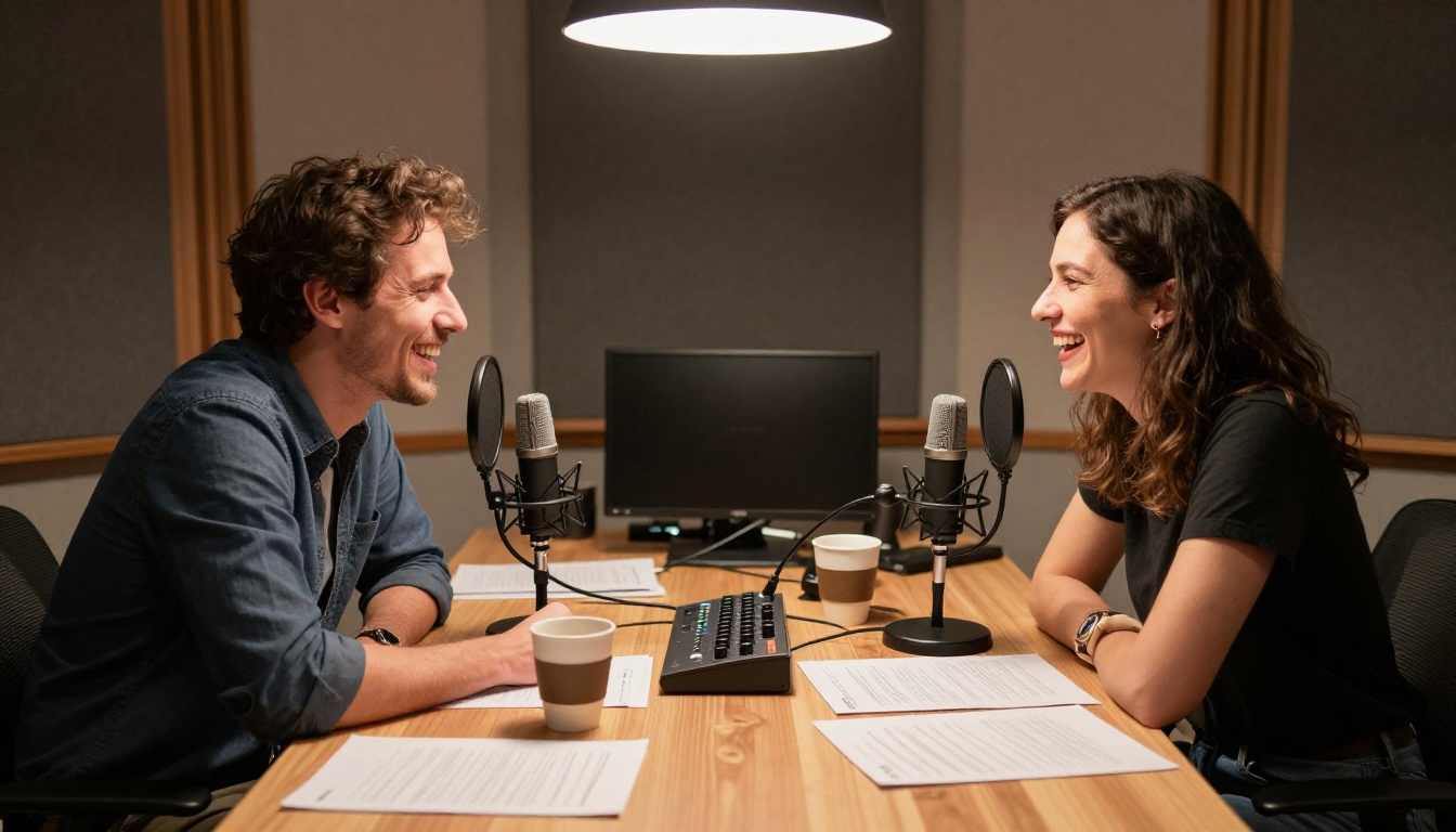 Two voice artists collaborating at a shared studio desk with microphones and coffee
