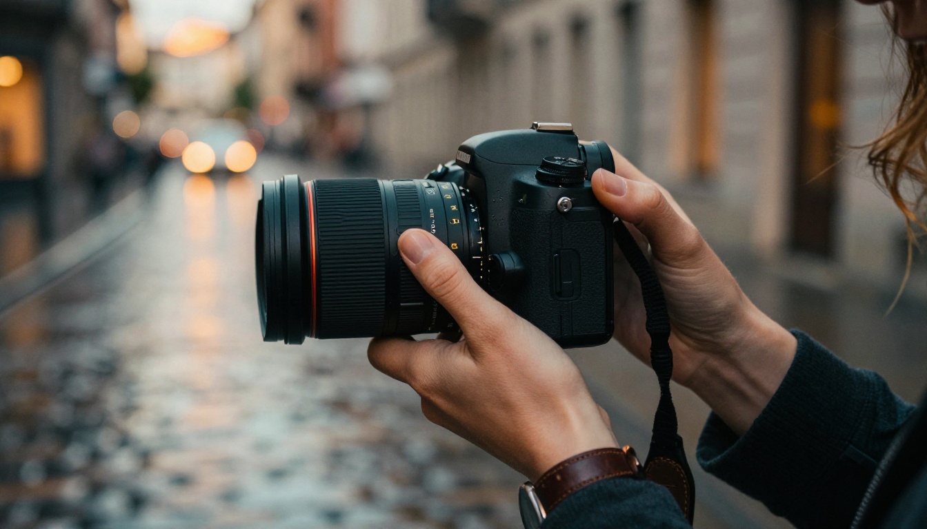 AI photographer hands holding a DSLR camera on wet cobblestones at dusk