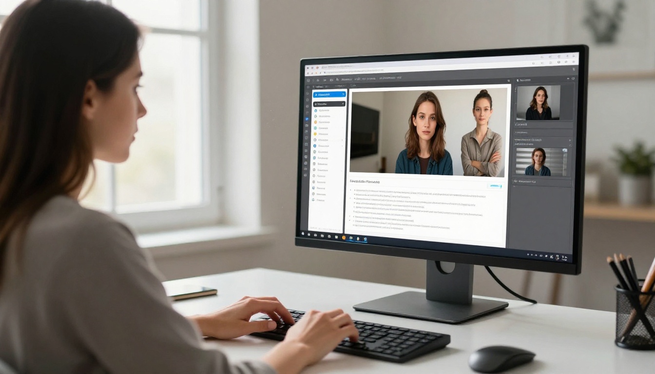 Creative woman working at a minimalist studio desk with AI image workflow on screen