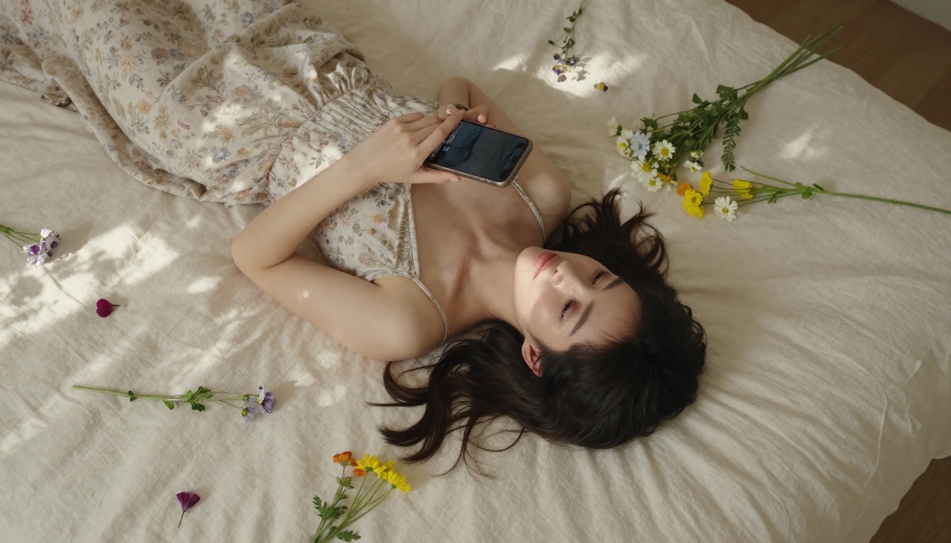 Young woman on a cream linen bed with wildflowers, morning light, shot from above