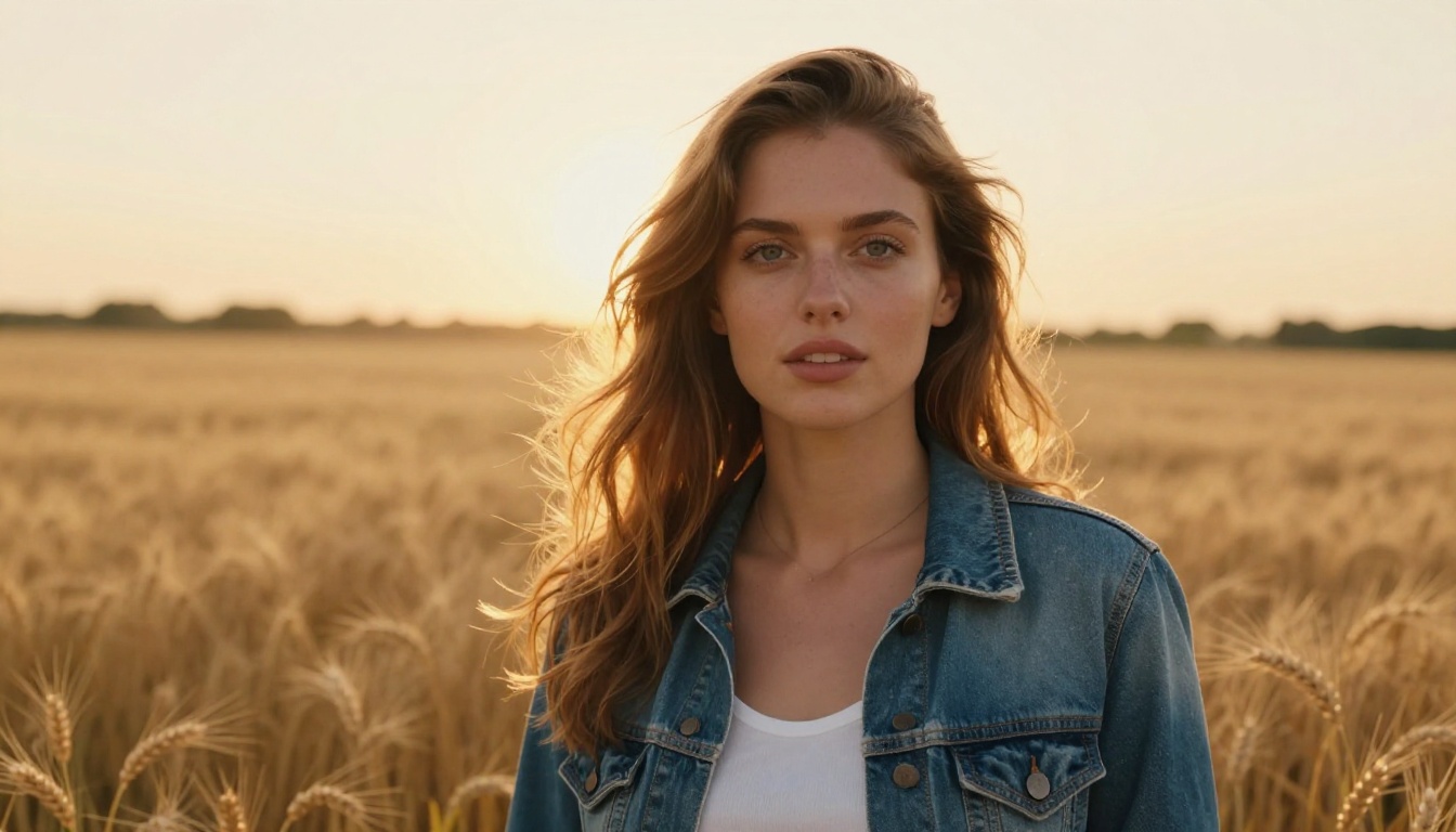 Confident woman at the edge of a golden wheat field at sunset with natural backlight