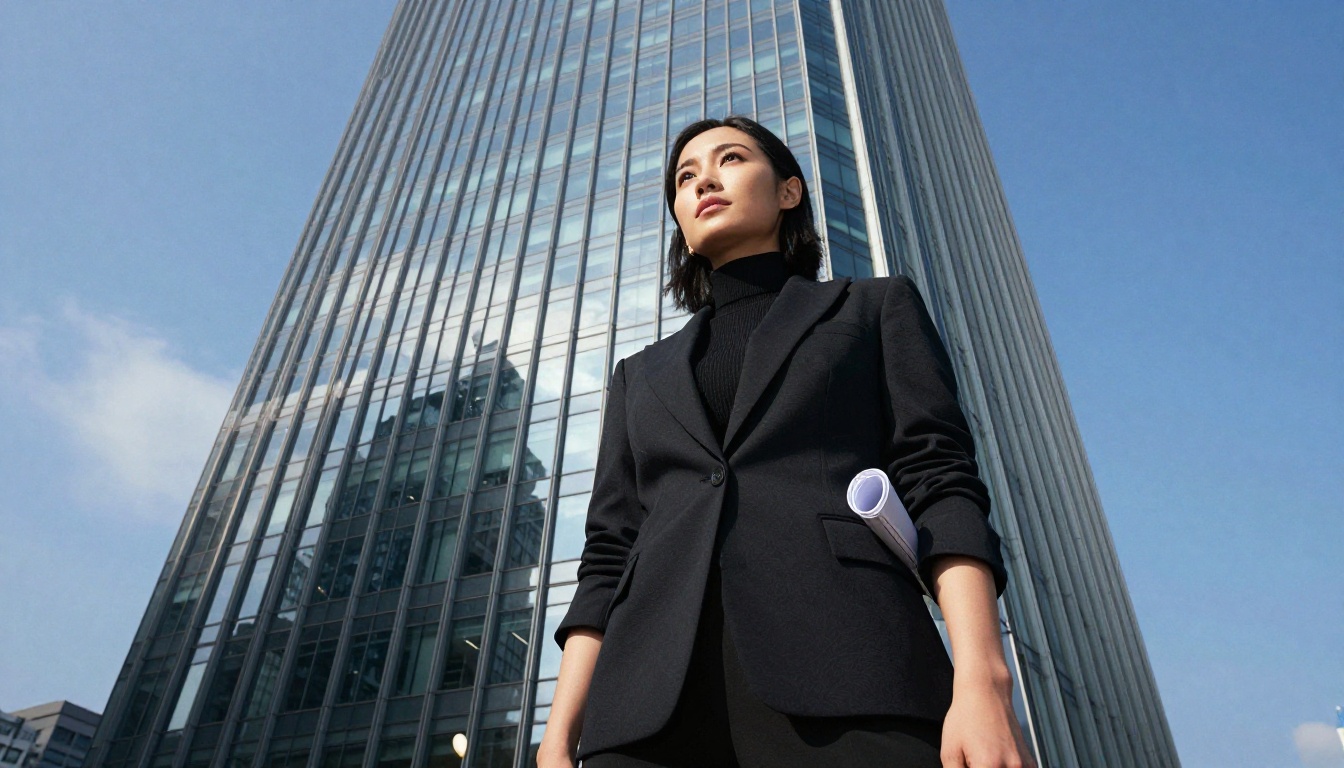 Confident woman architect at the base of a glass skyscraper, low-angle upward shot