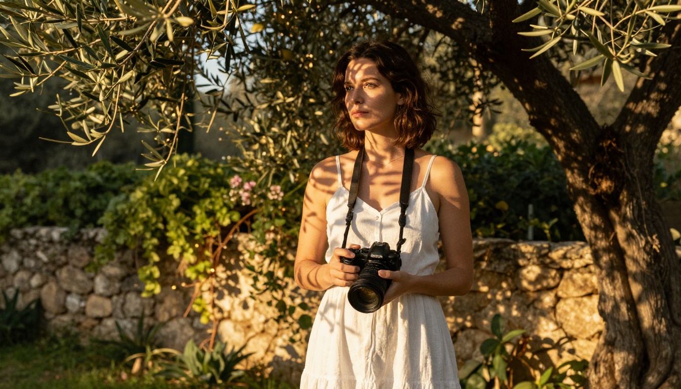Woman photographer in a Mediterranean garden with dappled golden light through olive trees