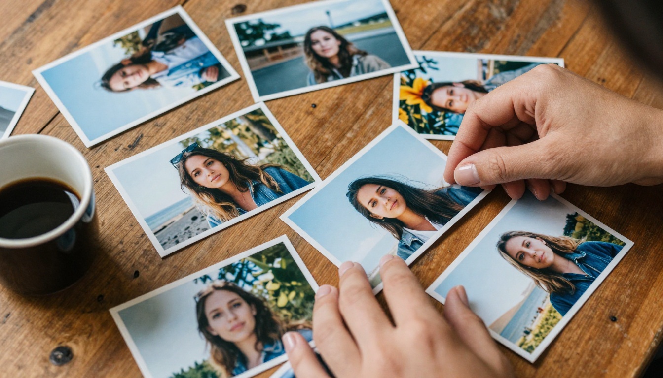 Overhead shot of hands sorting printed photographs on a wooden table with an espresso cup