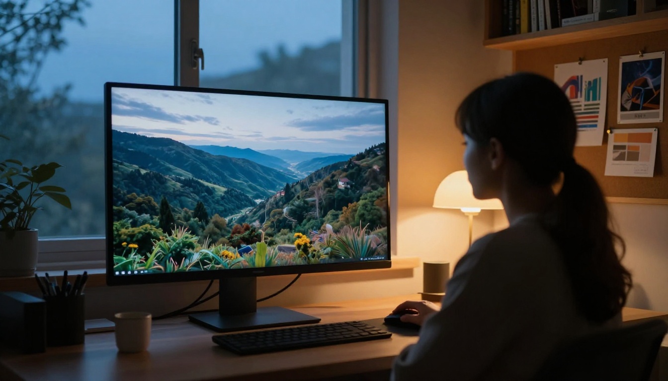 Creative studio at dusk with a large monitor showing a landscape photograph and warm desk lamp light