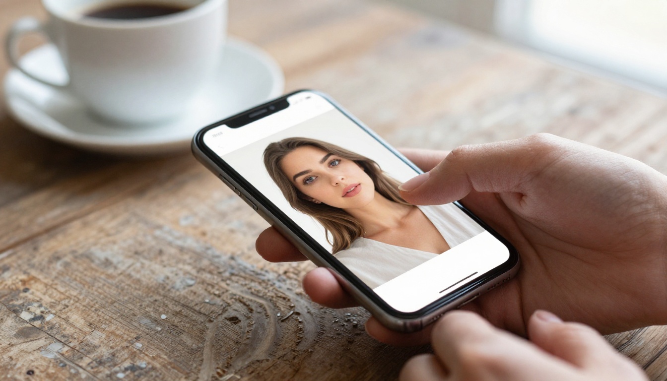 Hands holding smartphone showing portrait with clean background removal