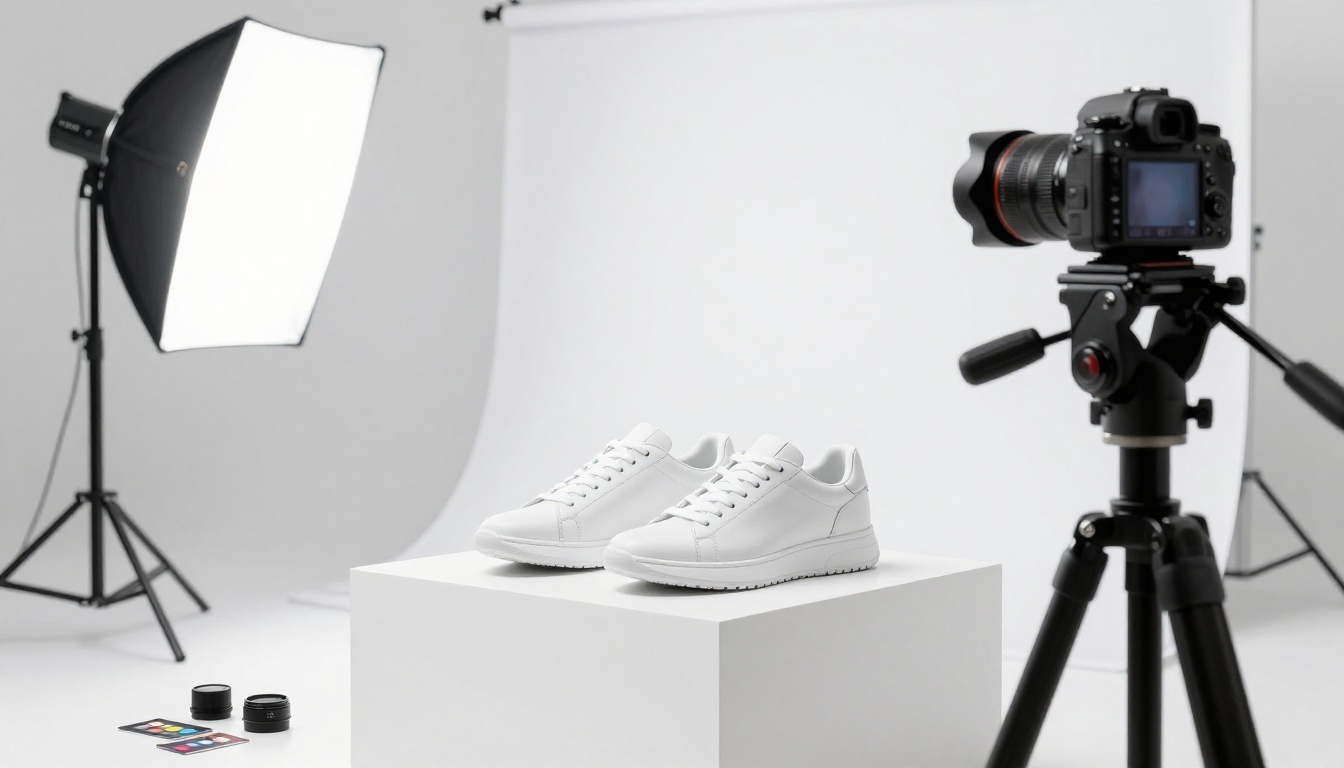 E-commerce product photographer setting up sneakers in bright white studio
