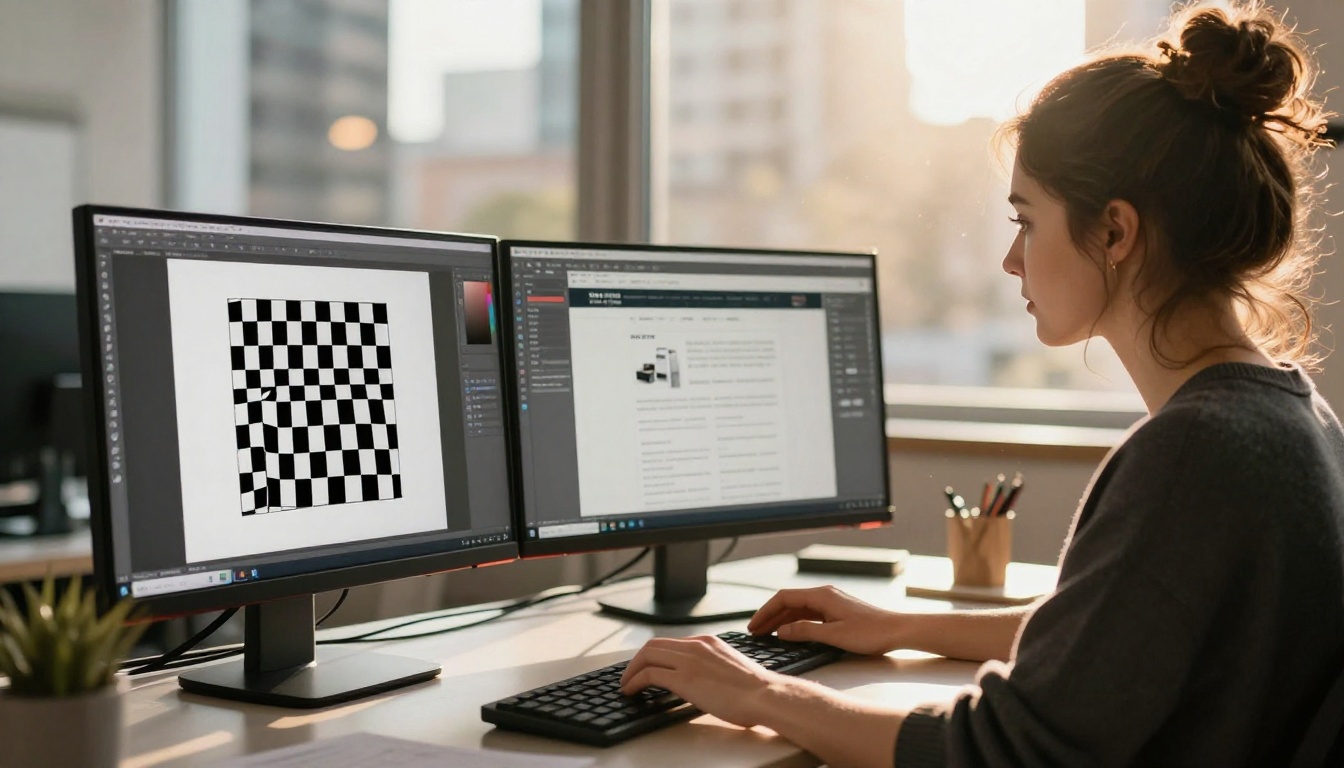 Graphic designer working with transparent PNG product images on dual monitors
