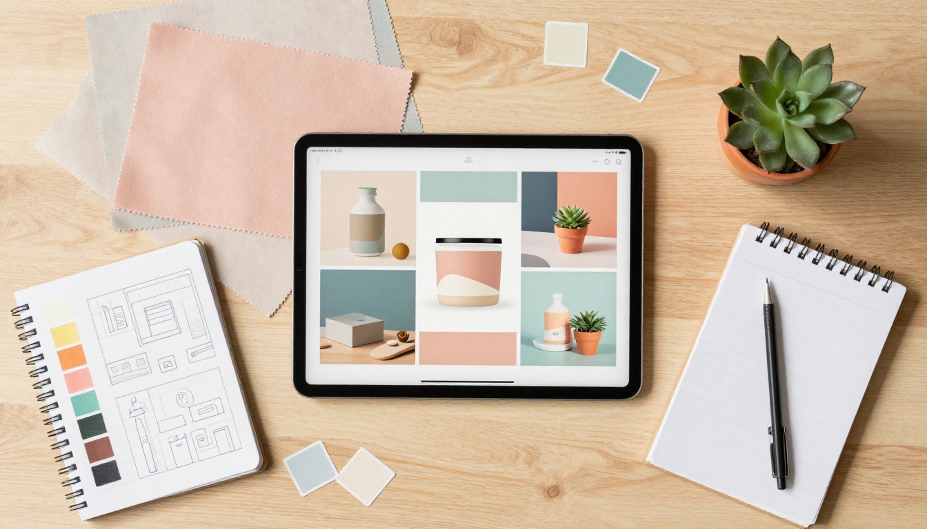 Flat-lay workspace with tablet showing background-removed product images