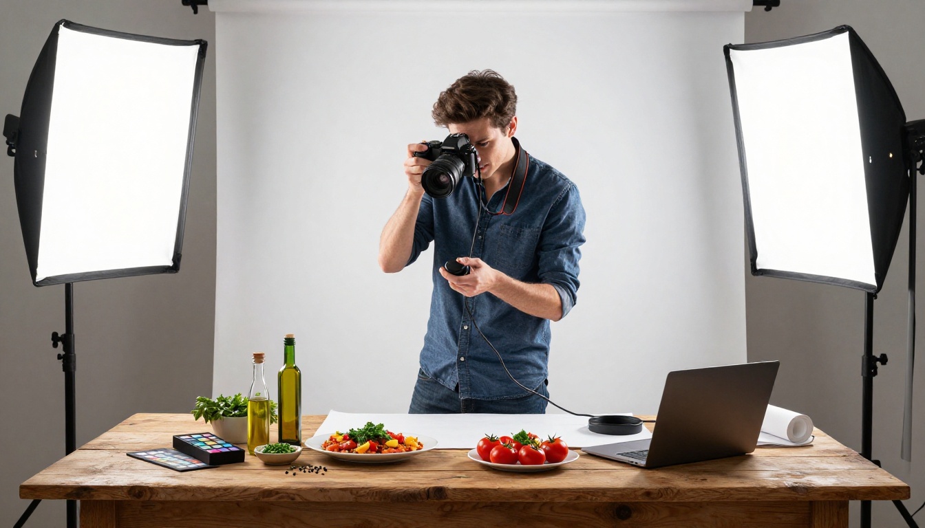 Food photographer composing overhead dish shot with studio lighting