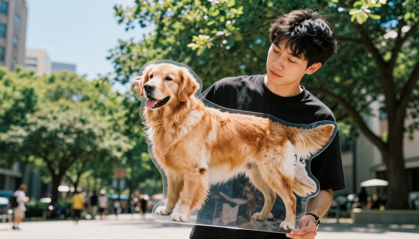 Man holding transparent dog photo cutout in a sunny park