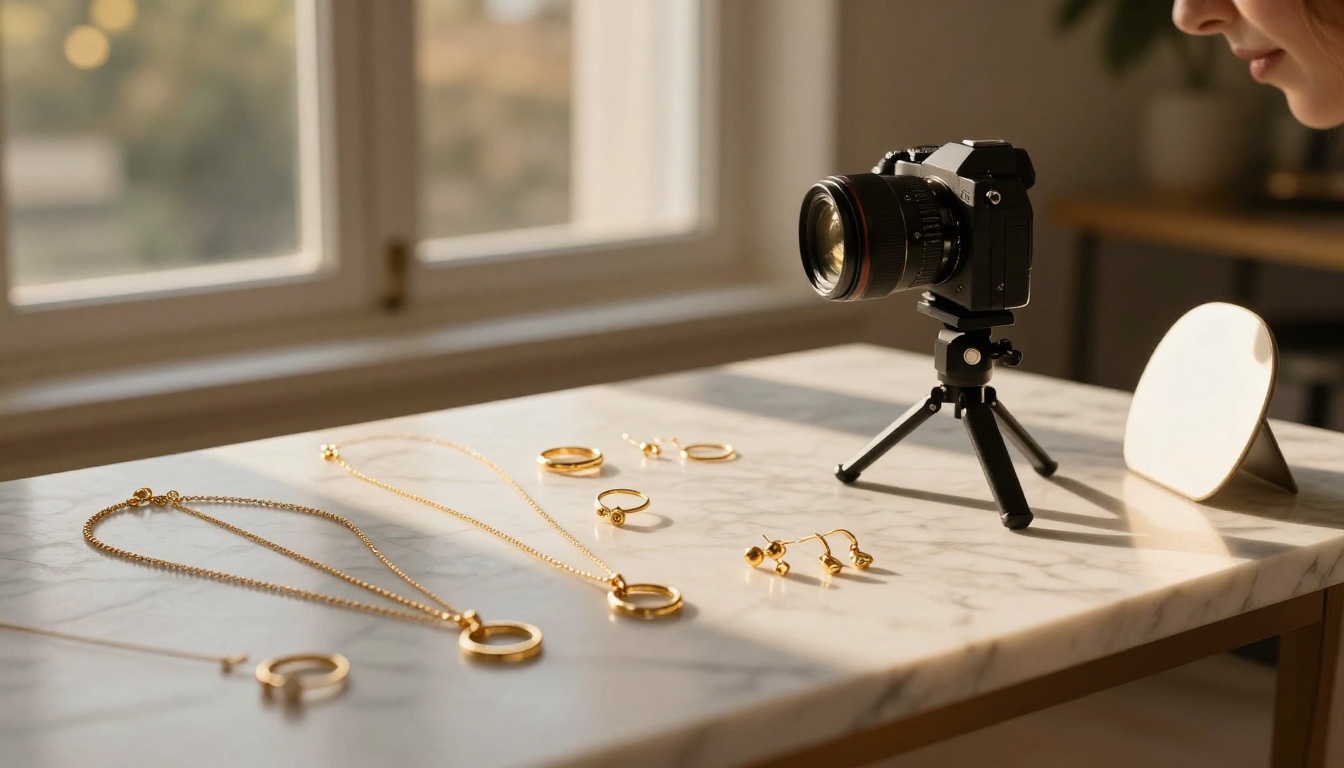 Female entrepreneur photographing jewelry with golden light on marble surface