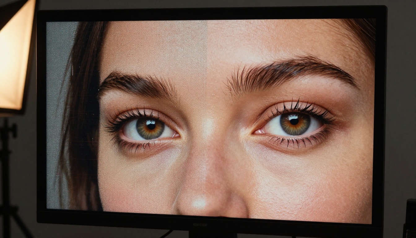 Professional monitor showing AI upscaling comparison of a woman's portrait, left side pixelated and right side razor-sharp