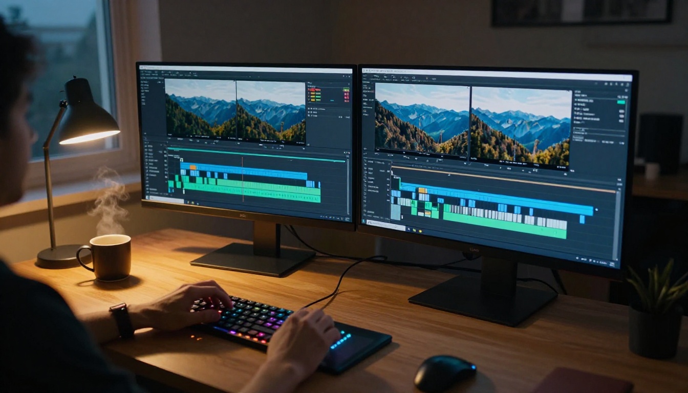 Video editor at a dual ultrawide monitor workstation with editing timeline software showing landscape footage in before and after comparison panels