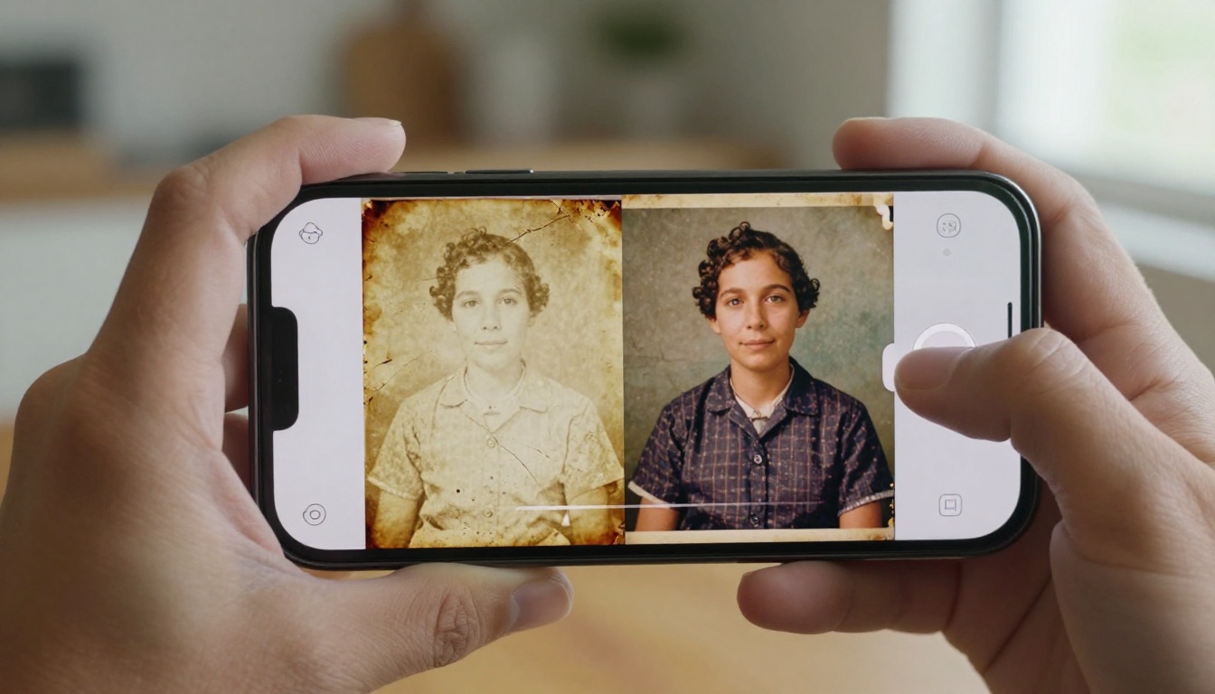 Close-up of a hand holding a smartphone showing a before and after photo restoration slider, vintage family photo on left, vivid restored version on right