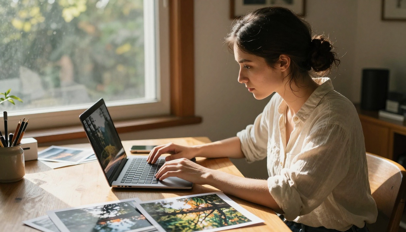 Photographer with dark hair reviewing landscape photos on laptop at a sunlit wooden desk with warm morning light