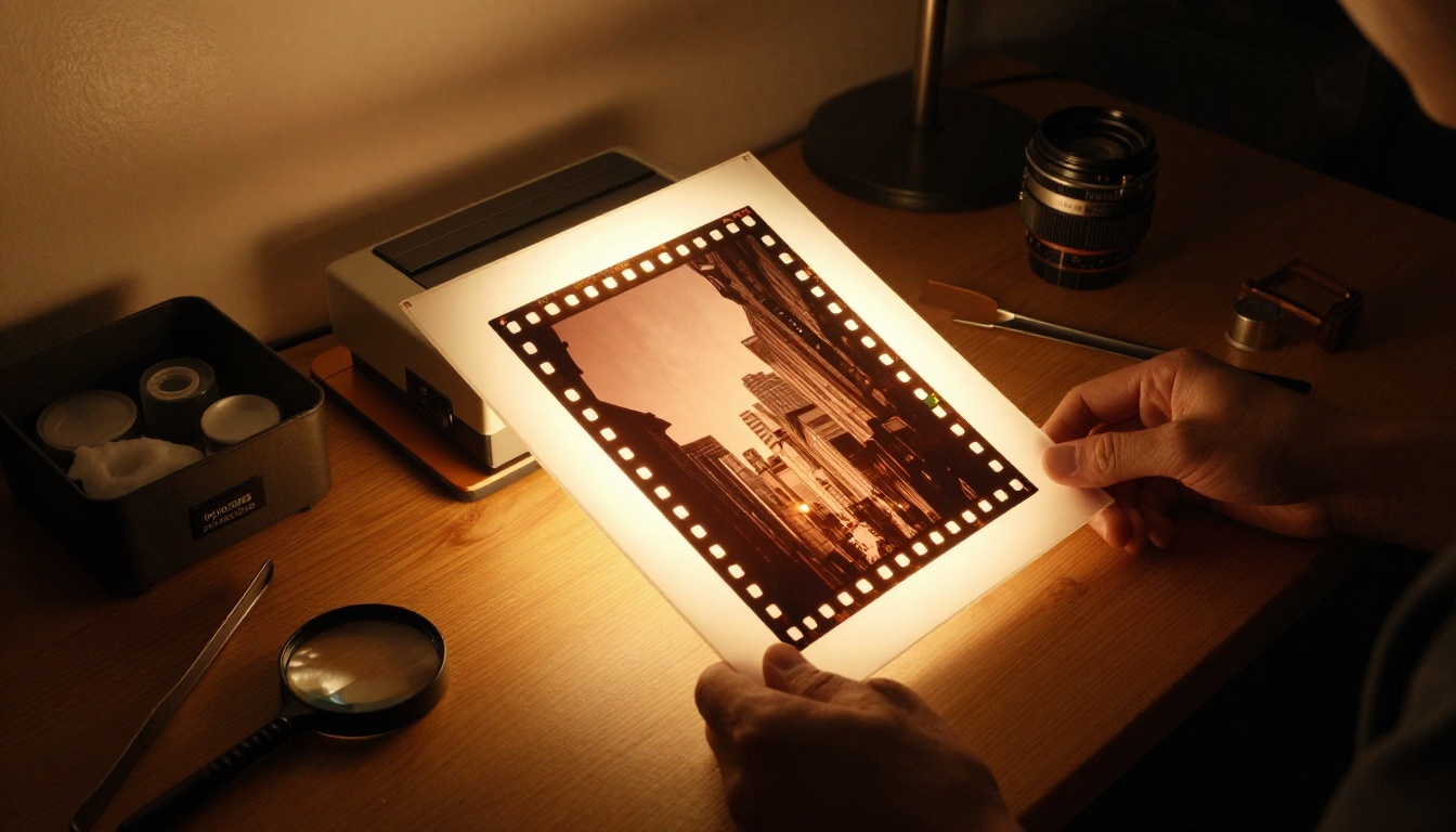 Photographer's hands holding a 35mm film negative strip up to a light box in a darkroom with warm amber safelight glow