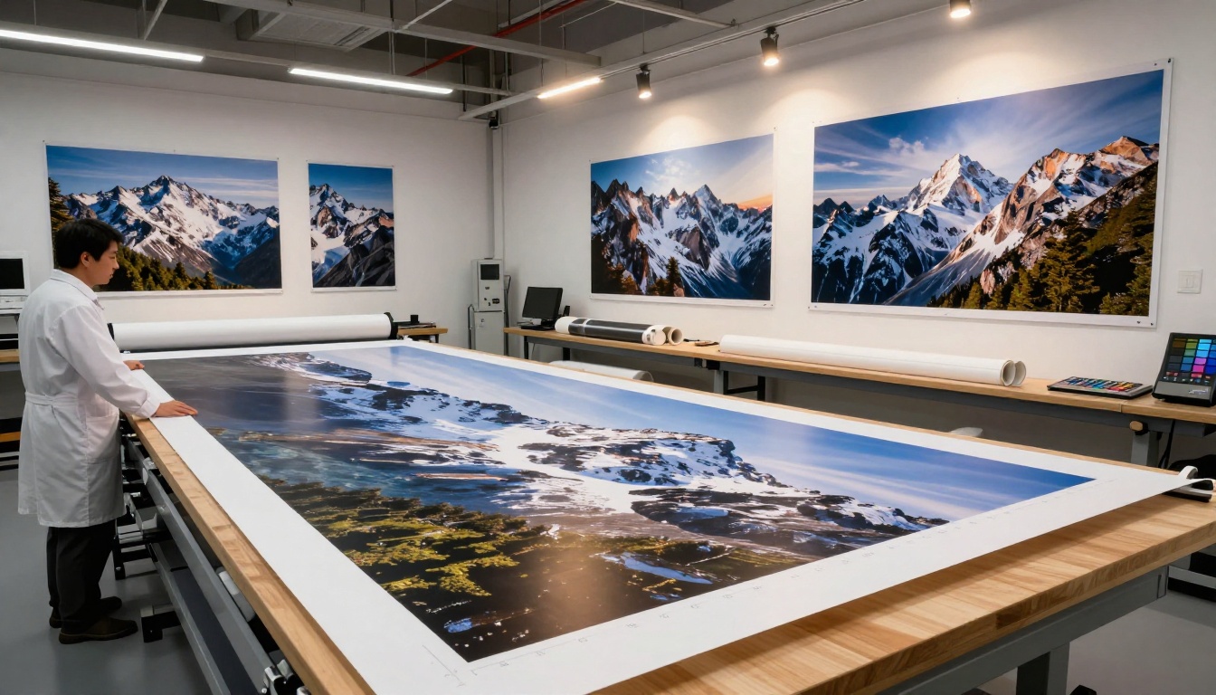Print lab technician examining a large hyper-detailed landscape print showing snow-capped mountains