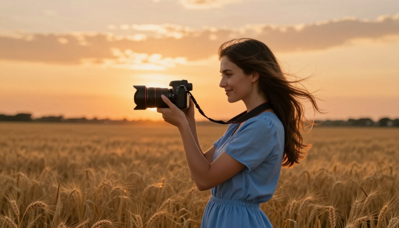 Woman in light blue sundress standing in a golden wheat field at sunset reviewing DSLR camera shots with a satisfied expression