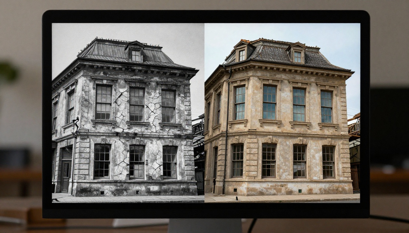 Close-up of a high-resolution monitor displaying before and after of a deteriorated architectural photo, left side crumbling and noisy, right side sharp and restored