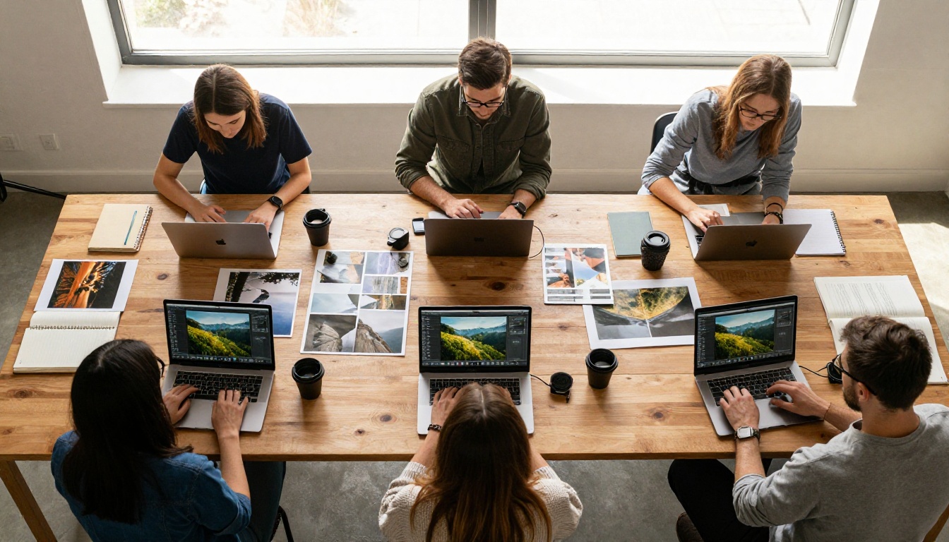 Aerial view of photography workshop, six participants seated around a wooden communal table with MacBook Pro laptops showing landscape photos being upscaled