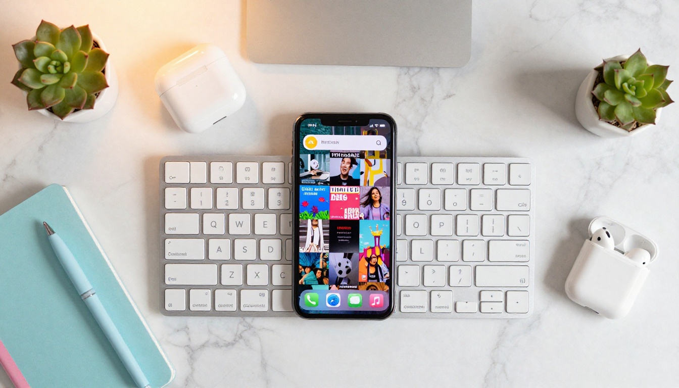 Social media content creator workspace with smartphone and ring light setup