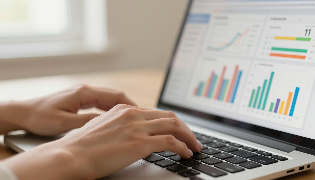 Close-up of hands on laptop keyboard with social media analytics dashboard visible on screen