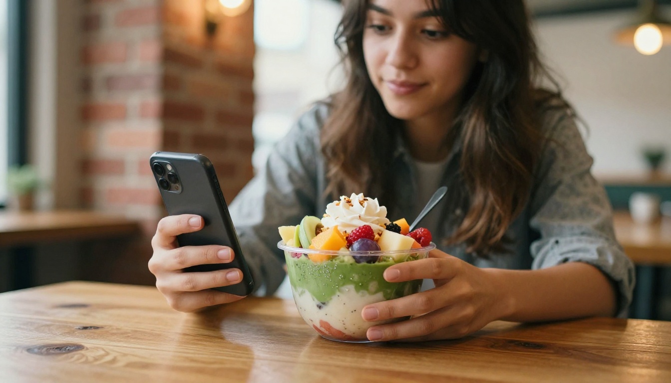 Stylish woman crouching at low angle photographing colorful food bowl on wooden café table