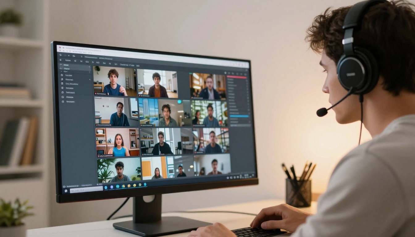 Young man wearing headphones editing short video on widescreen monitor in home office