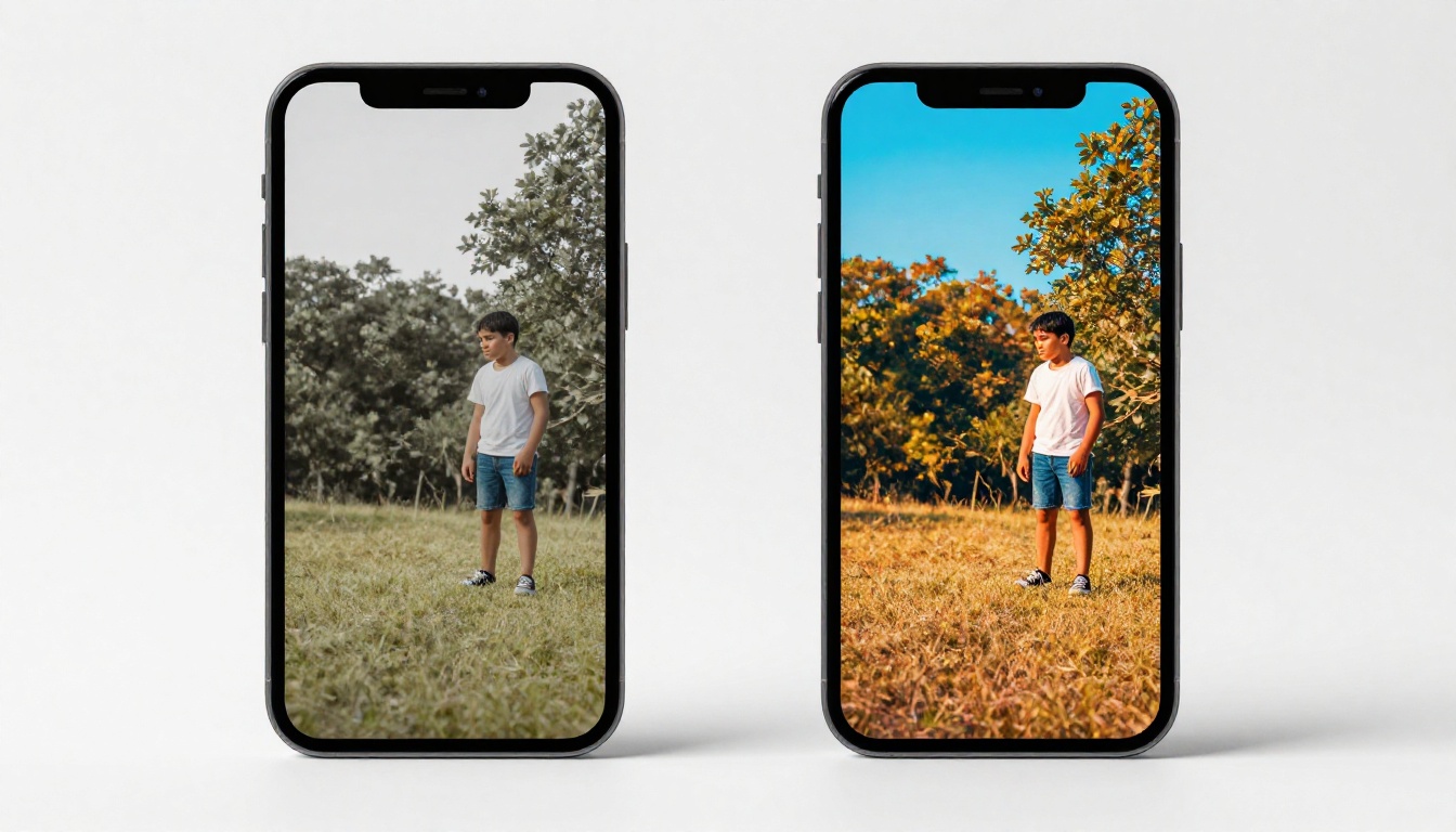 Two smartphones side by side showing before and after AI image improvement comparison
