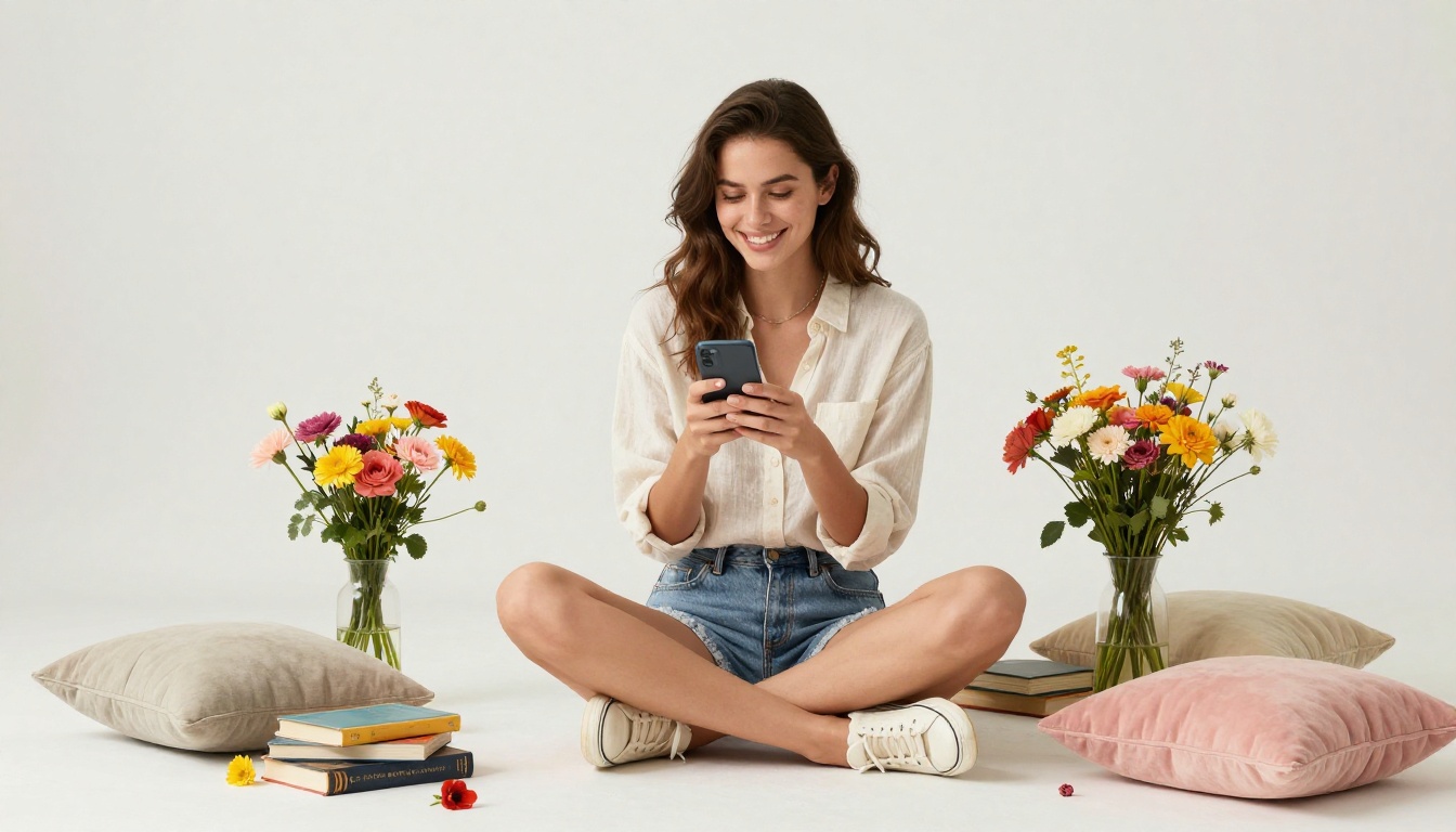 Woman in casual summer outfit on white studio floor creating social media content surrounded by colorful props