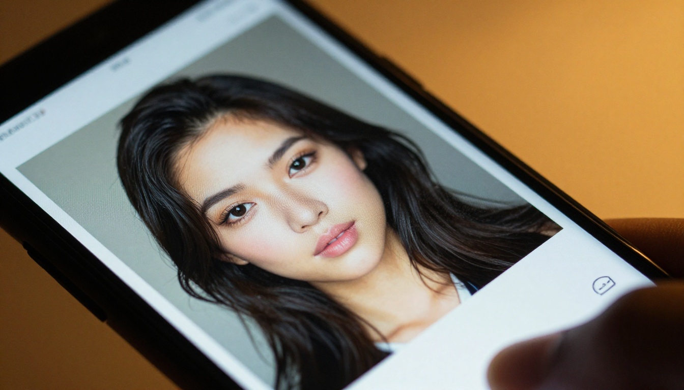 Extreme close-up of smartphone screen showing AI-generated photorealistic portrait image