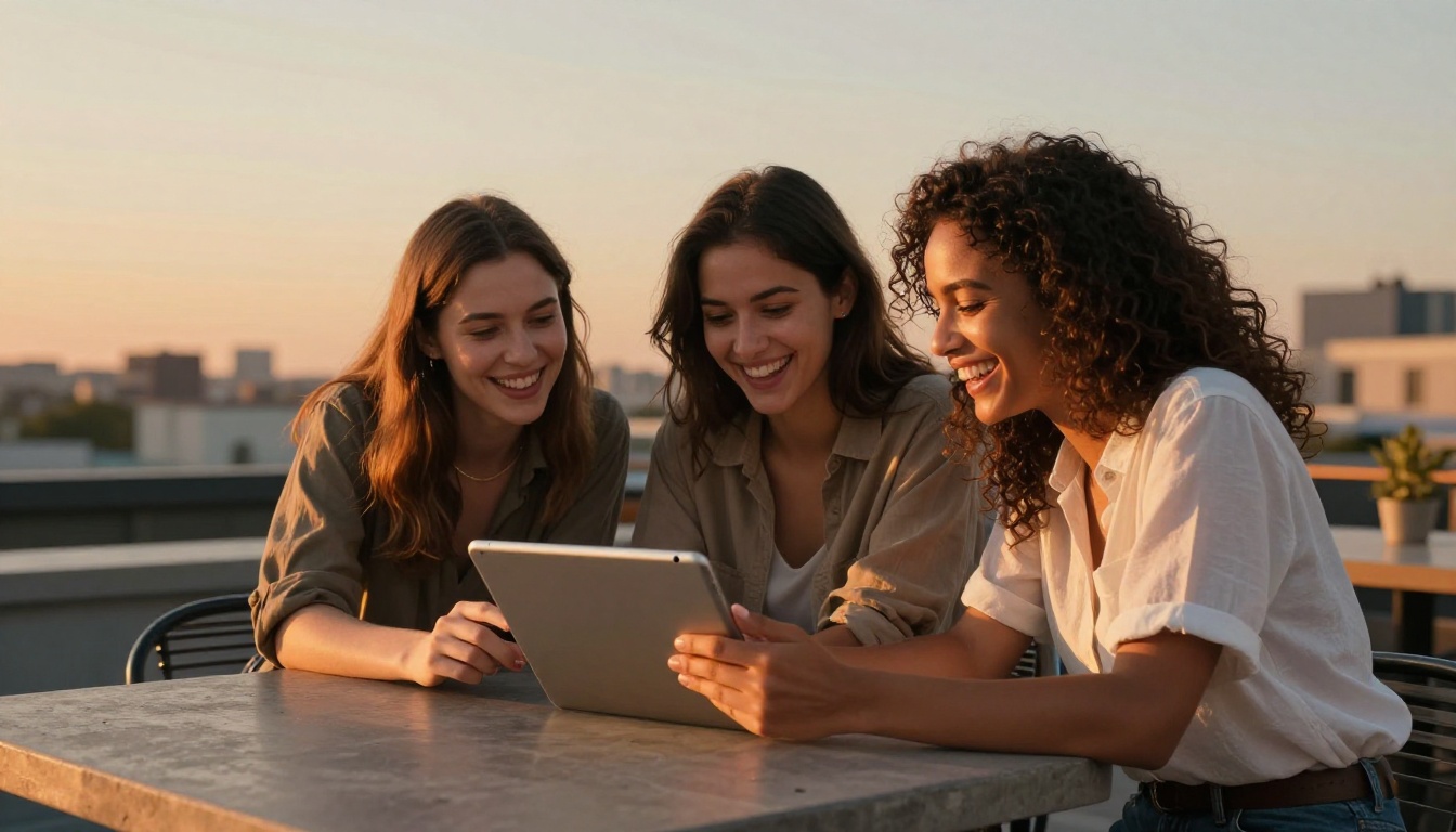 Three diverse young women collaborating around a tablet on a rooftop café terrace at golden hour