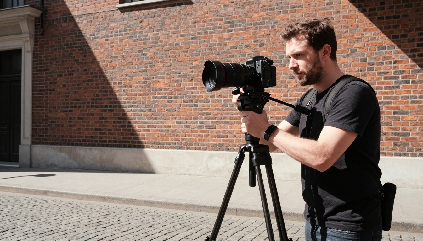 Low angle shot of confident male content creator recording himself with mirrorless camera on urban street
