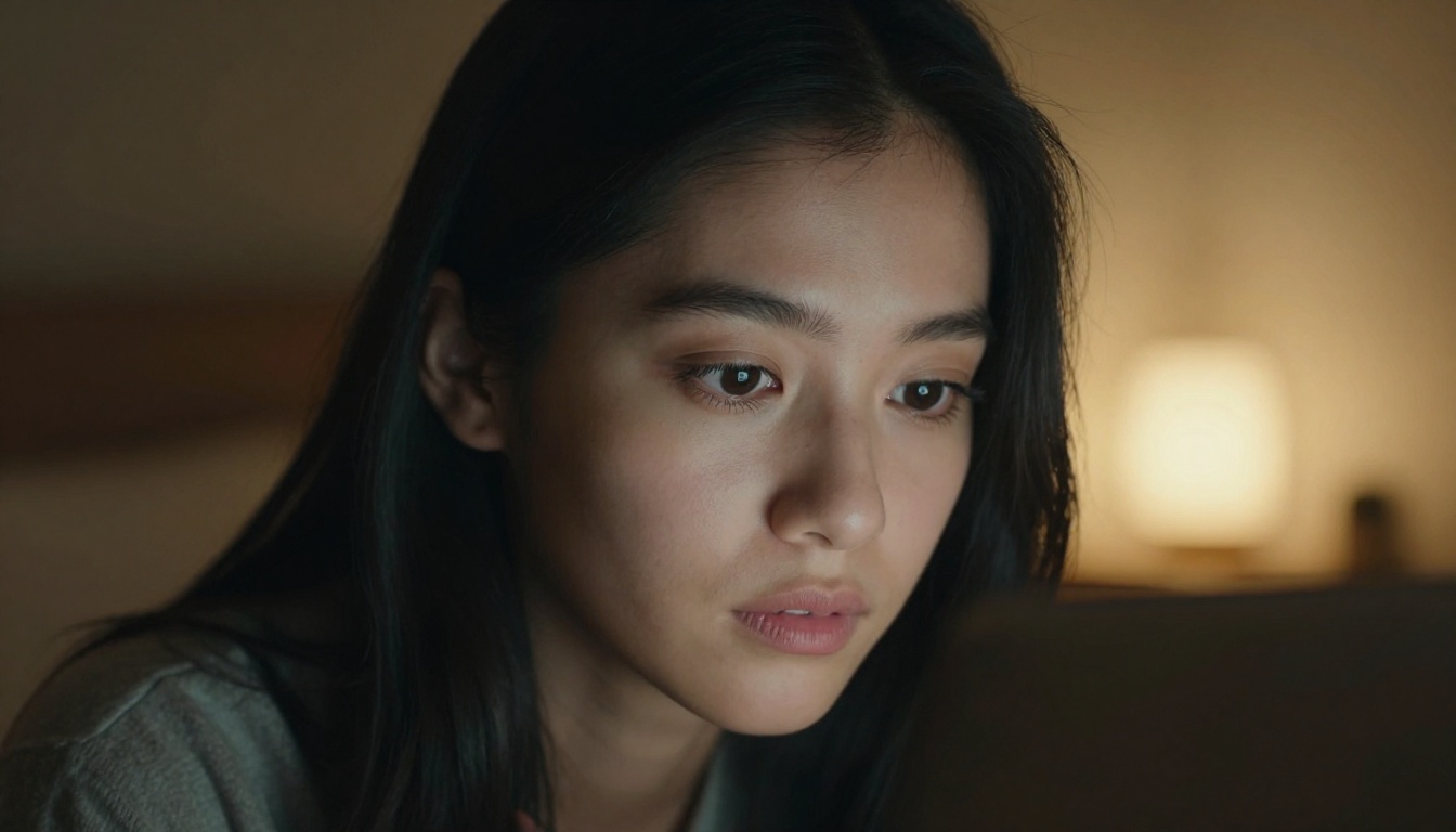 Intimate portrait of young woman's face half-lit by laptop screen glow in cozy dimly lit bedroom